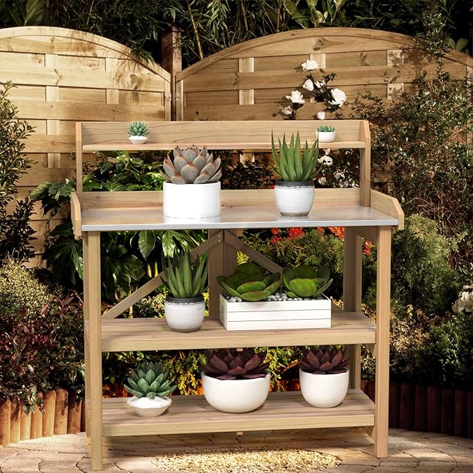 S AFSTAR Garden Potting Bench, Gardening Work Station Table with 2 Storage Shelves, Fir Wood Structure and Metal Tabletop, Gardening Table Potting Benches for Outside Backyard Balcony