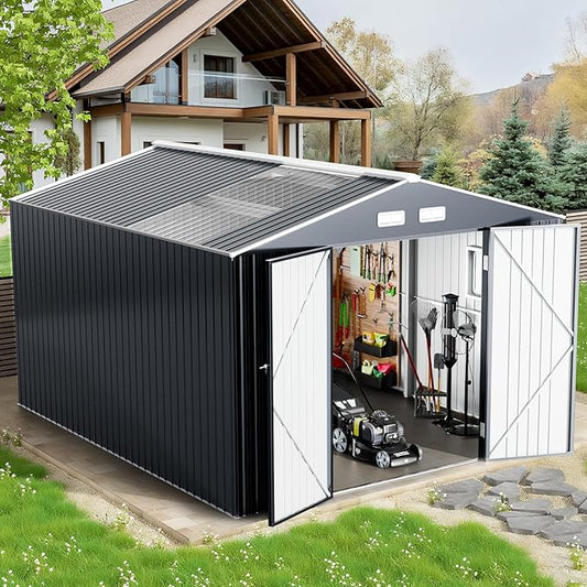 12x10 FT Metal Sheds & Outdoor Storage with Floor: Heavy Duty Garden Sheds with Dual Transparent Roof Panels, DIY-installable Windows & Lockable Doors, Tool Shed w/Base for Backyard, Patio, Grey