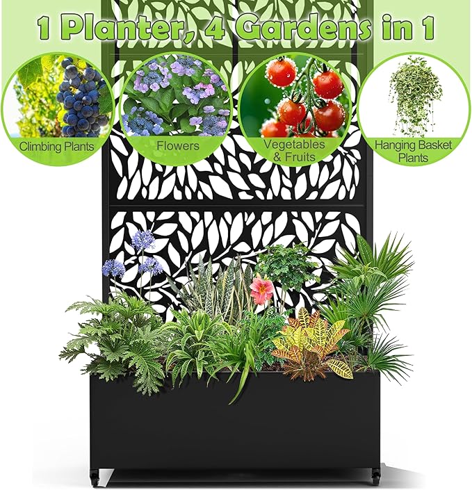 15.7"×70.9"×35.4" Metal Raised Garden Bed with Trellis and Wheels - Tall Trellis Planter Box for Climbing Plants, Vegetables & Vines - Outdoor Privacy Planters for Patio (Black)