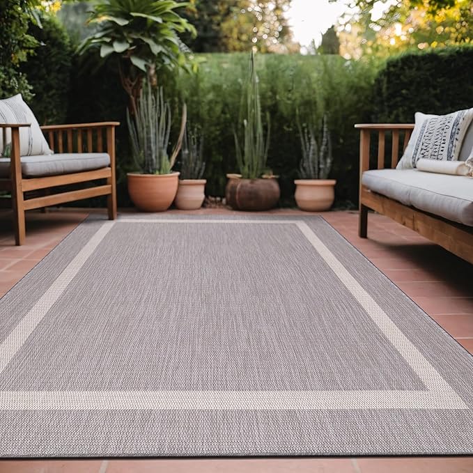 Bordered Outdoor Rug 9x12 Washable Outside Carpet for Indoor Patio Porch Waterproof Easy Cleaning Non Shedding Area Rugs Gray 9 x 12