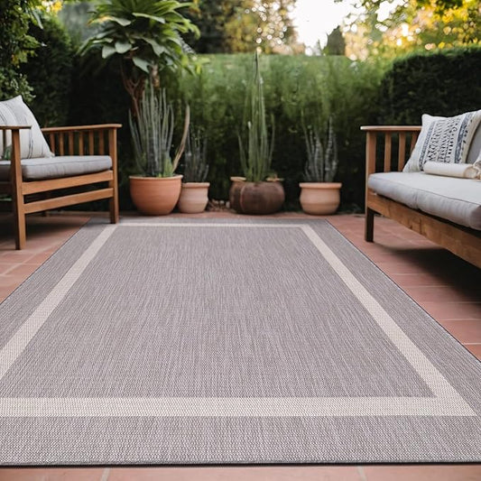Bordered Outdoor Rug 6x9 Washable Outside Carpet for Indoor Patio Porch Waterproof Easy Cleaning Non Shedding Area Rugs Gray 6 x 9
