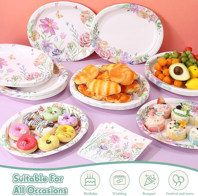Havawish 100 Pcs Floral Paper Plates and Napkins Baby in Bloom Baby Shower Decorations Wildflower Party Supplies 12 Inch Disposable Plate 13 Inch Napkins Garden Dinner Tableware for Wedding Bridal