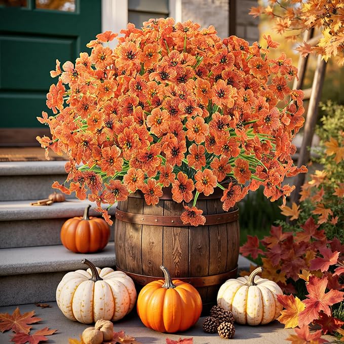 Uieke 72 Bundles Artificial Fall Flowers for Outdoors UV Resistant No Fade Faux Autumn Plants for Outside Home Garden Wedding Party Fall Décor (Orange)