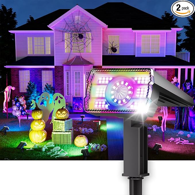 Solar Spot Lights Outdoor 2-Pack Multicolor IP65 Waterproof RGB - 6 Colors, 2 Modes, 105° Adjustable 58 LED Flood Lights, Solar Powered Spotlights for Yard, Garden, House & Landscape Lighting Outside