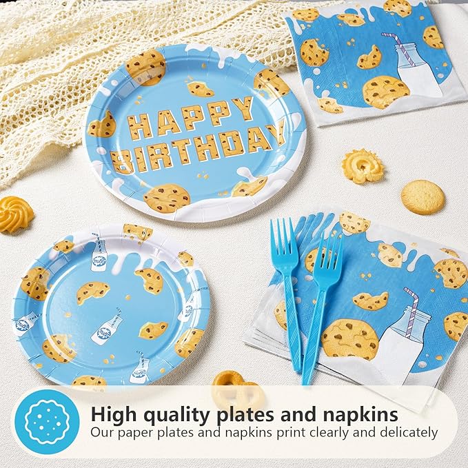 Grencian 96Pcs Milk and Cookies Party Supplies Chocolate Chip Cookies Plates and Napkins Sets Sweet One Birthday Decorations for Boys Baby Shower Milk and Cookies 1st Birthday Party Favor Serves 24