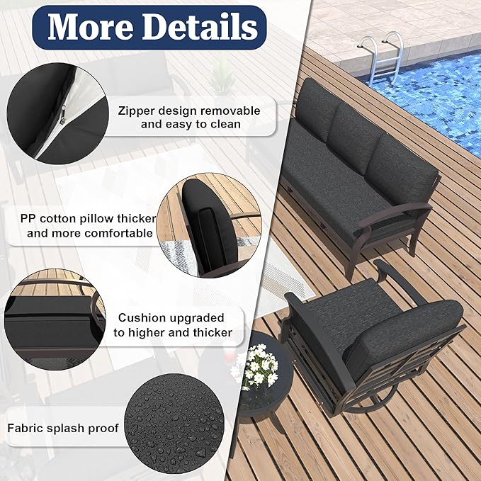 Kurapika Aluminum Patio Furniture Set 5-Seat Modern Metal Outdoor Conversation Sets w/5.1 Inch Cushion Patio Sectional Sofa, Black