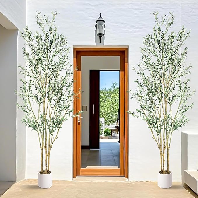 Artificial Fake Olive Tree 8FT Tall 2Pack with White Planter Faux Silk Olive Tree for Home Living Room Office Decor Faux Artificial Plants Indoor with Fruit & Free Moss