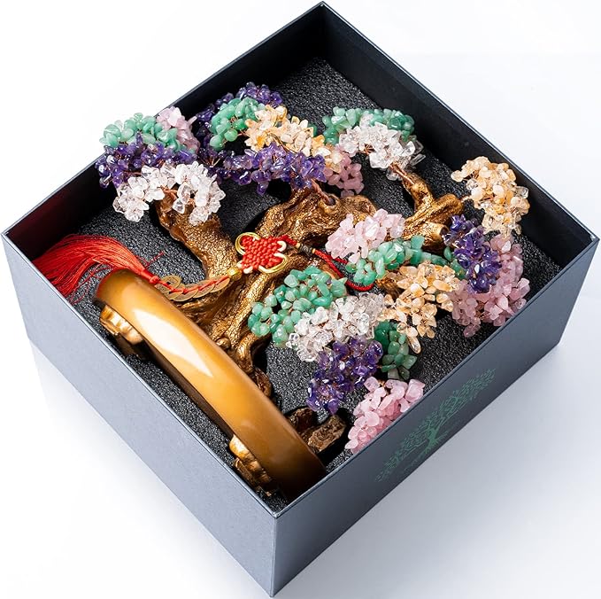 Natural Chakra Gemstone Crystal Bonsai Tree of Life Large Feng Shui Money Tree for Luck and Wealth Desk Decoration(1,251 Gem Count)