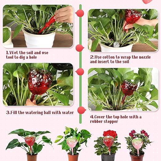 4 Pcs Self Watering Planter Insert, Strawberry Plant Watering Globes with Top-Fill Watering Bulbs, Indoor and Outdoor Potted Plant Watering Device, Suitable for Plant Care During Vacation