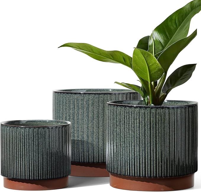 LE TAUCI Ceramic Plant Pots with Drainage Holes, Set of 3, 8+6.7+5.5 Inch Stripe Garden Planter Pots for Outdoor Indoor Plants Flower, Round Succulent Orchid Flower Pot, Reactive Glaze Black