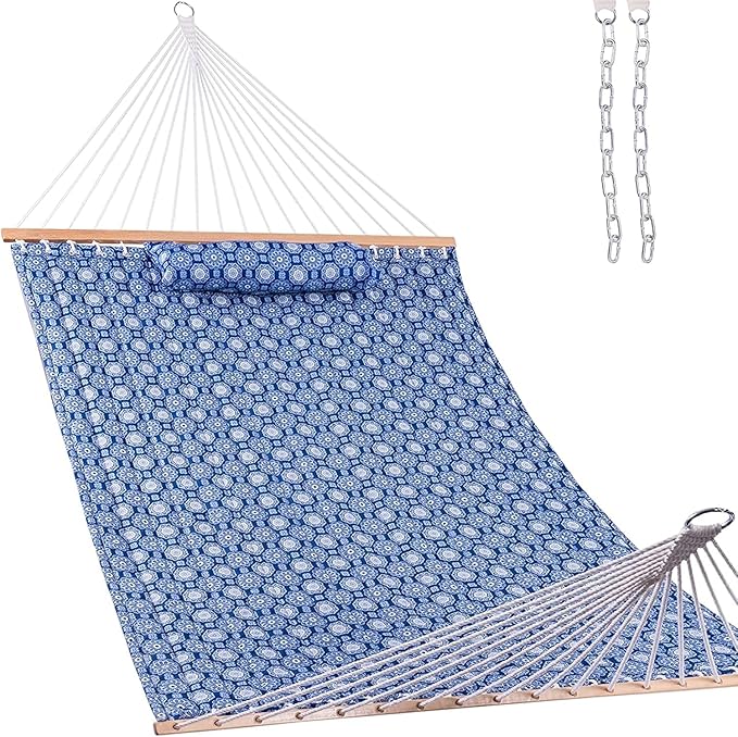 Lazy Daze Hammocks 12 FT Double Quilted Fabric Hammock with Spreader Bars and Detachable Pillow, 2 Person Hammock for Outdoor Patio Backyard Poolside, 450lbs Weight Capacity, Blue Floral, HM003648