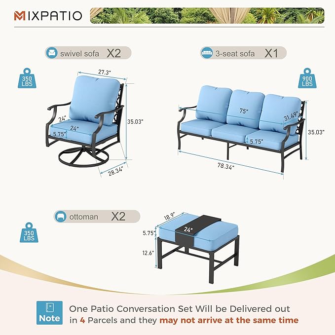 Patio Furniture Set 5 pcs, Outdoor Patio Furniture, 3-Seat Sofa, 2 Swivel Chairs, 2 Ottomans and 5.75" Extra Thick Cushion, Patio Conversation Set for Garden Backyard Deck,Blue