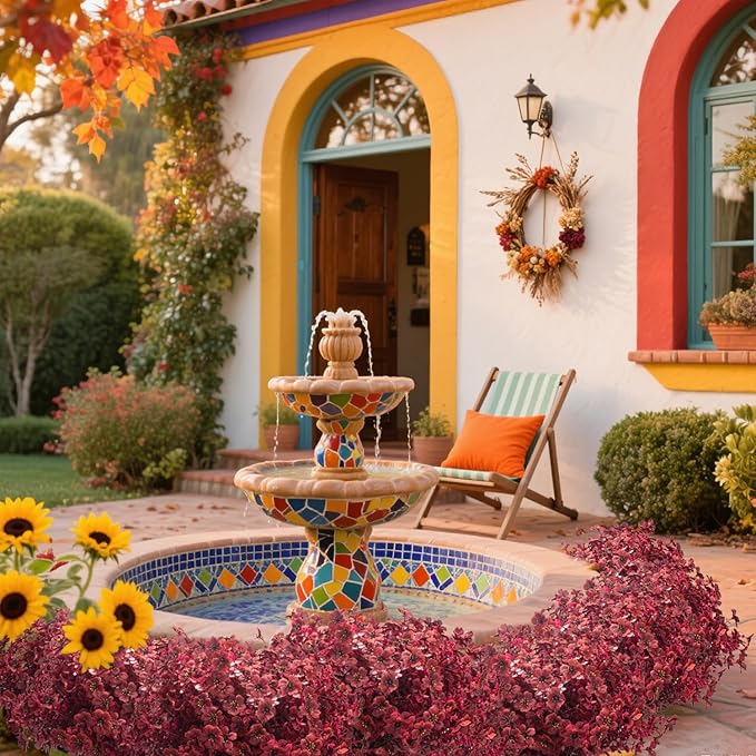 16 Bundles Artificial Boxwood Flowers Outdoor UV Resistant, 13.5" Fall Faux Greenery for Porch Planters Thanksgiving Decor - Fake Plants for Garden, Fireplace, Front Door(Wine Red)