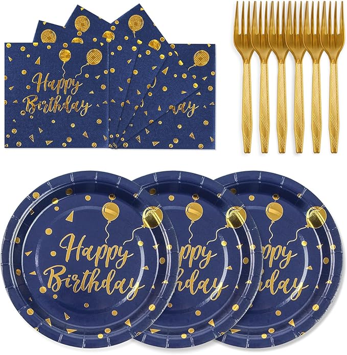 75PCS Happy Birthday Paper Plates - 7 Inch Dark Blue Gold Dot Paper Plates and 6.5 Inch Napkins with 6.3 Inch Forks Disposable Tableware Set for Birthday Party Decorations, Serves 25