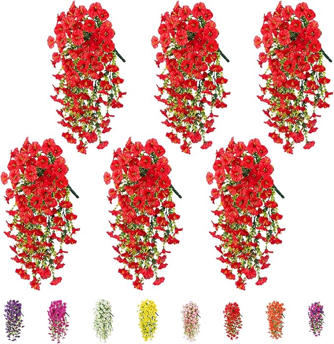 6-Pack Outdoor Faux Plants, 69-Flowered Large Morning Glory, Uv-Resistant Artificial Morning Glory,Perfect for Outdoor Decoration in All Seasons Such as Porches and Gardens (Red)