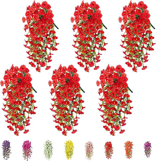 6-Pack Outdoor Faux Plants, 69-Flowered Large Morning Glory, Uv-Resistant Artificial Morning Glory,Perfect for Outdoor Decoration in All Seasons Such as Porches and Gardens (Red)