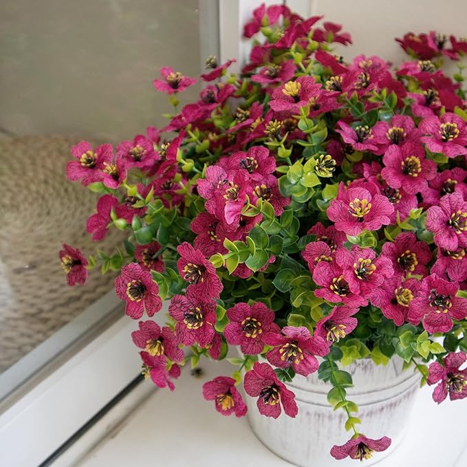 Artificial Flowers for Outdoors, 10 Bundles UV Resistant Artificial Outdoor Flowers, Not-Fading Silk Faux Flowers for Outdoor Planters for Home Garden Porch Decor, Rose Red