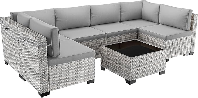7-Piece Patio Furniture Set, Outdoor Sectional with Thick Cushions, Modular Patio Sofa, Dual-Strand Wicker Rattan, Rust-Resistant Frame, Backyard Furniture for Garden, Deck, Grey