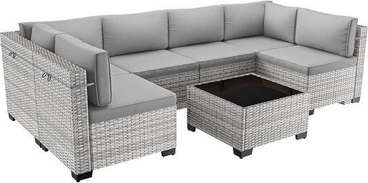 7-Piece Patio Furniture Set, Outdoor Sectional with Thick Cushions, Modular Patio Sofa, Dual-Strand Wicker Rattan, Rust-Resistant Frame, Backyard Furniture for Garden, Deck, Grey