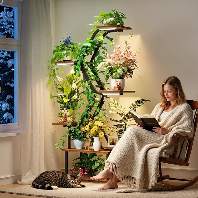 Black Plant Shelves with Grow Lights: 7-Tier 65" Tall Stand for Indoor Corners, Living Room Display or Bedroom Gardening Rack