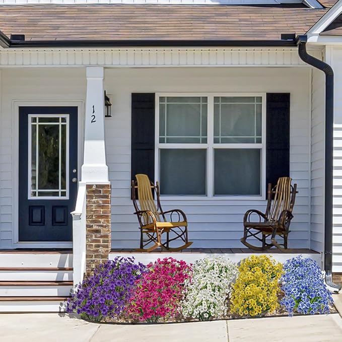 15 Bundles Artificial Flowers Outdoor UV Resistant Fake Silk Plants Plastic Faux Shrubs Outside Front Porch Window Box Garden Home Hanging Planter Decoration (Blue)