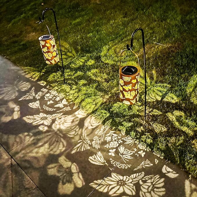 4 Pack Solar Lanterns Outdoor Waterproof Butterfly Birthday Gifts for Women Mom Grandma Garden Decor Flower Metal Hanging LED Decorative Light for Patio Yard Lawn Backyard Front Porch Gardening Gifts