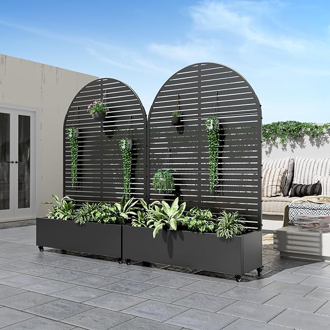 Casaphoria Metal Raised Garden Bed with Trellis and Wheels, 72"x47"x16" Arched Planter Box for Climbing Plants, Vegetables & Vines, Features Drainage Holes and Privacy Screen (Black-Louvered)