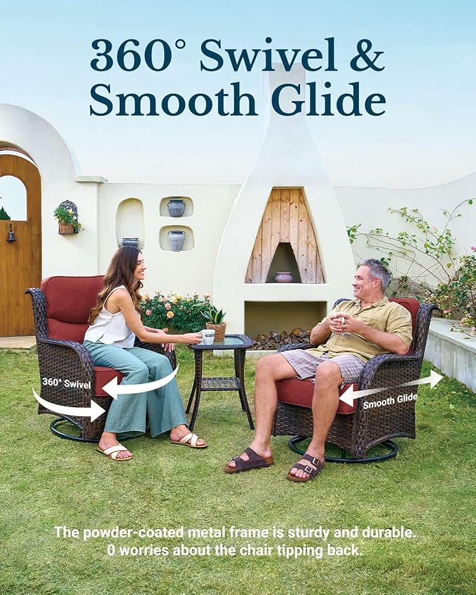 HILLGA Luxury Patio Furniture Set with 6-Inch Thick Cushions, High Back Outdoor Swivel Rocker Chairs and Table, 3-Piece All Weather Conversation Set for Porch Deck Balcony Yard, Burgundy (V3)