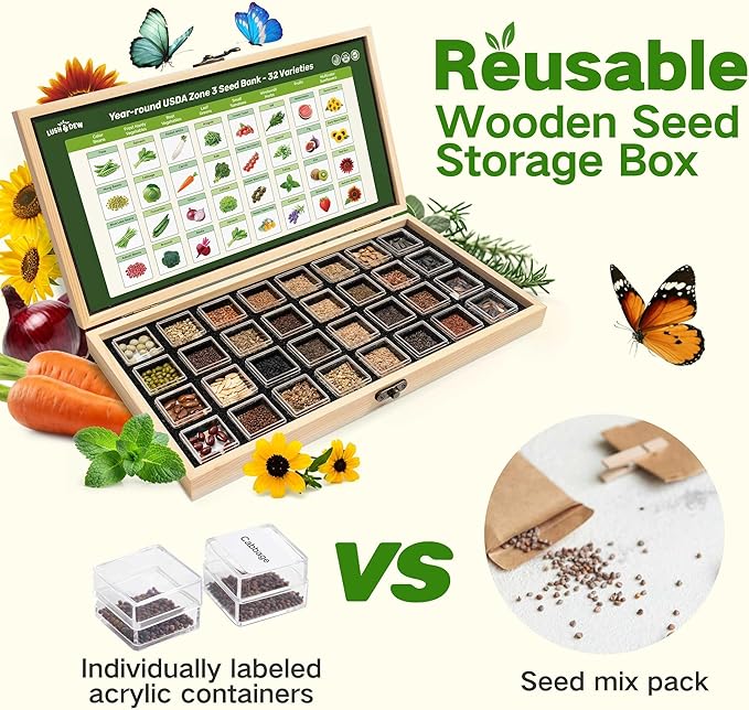 Lush&Dew Year-Round USDA Zone 3 Seed Bank, 32 Varieties Non-GMO Heirloom Seeds of Vegetables, Herbs, Gardening Gifts for Women Men, Emergency Survival Kit for Raised Garden Bed, Greenhouse