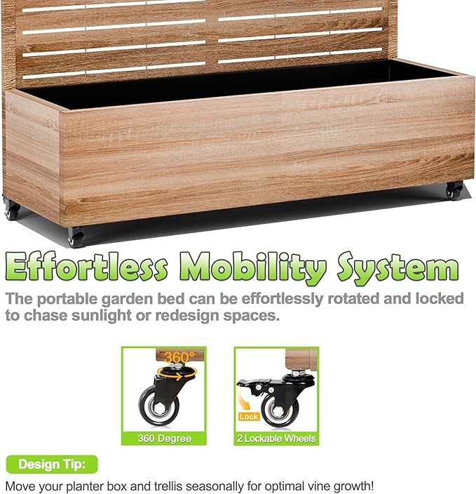 15.7"×70.9"×47.2" Metal Raised Garden Bed with Trellis and Wheels - Tall Trellis Planter Box for Climbing Plants, Vegetables & Vines - Outdoor Privacy Planters for Patio (Cut Oak Grain)