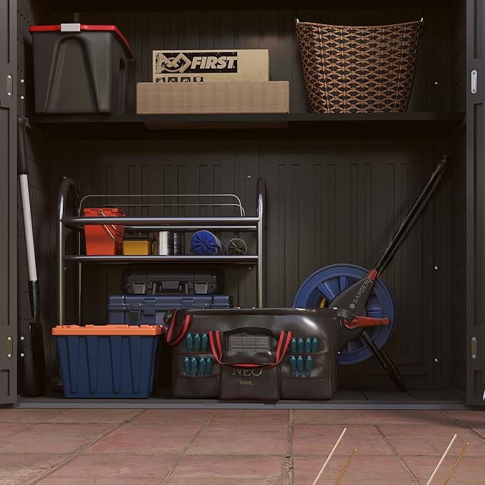 Vertical Resin Storage Shed with 2 Shelves, 60 Cuft Garden Tool Sheds & Outdoor Storage, Plastic Outdoor Storage Cabinet Waterproof, 4.5 x 2.3 ft Backyard Outside Lawn Mower Storage Shed, Grey