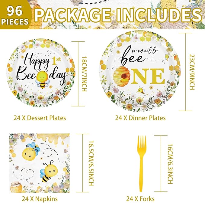 96Pcs Bee 1st Birthday Party Supplies Honey Bee Baby Shower Plates and Napkins Tableware Sets So Sweet to Bee One Birthday Party Decorations for Bee Day One Years Old Birthday Party Favors,Serves 24