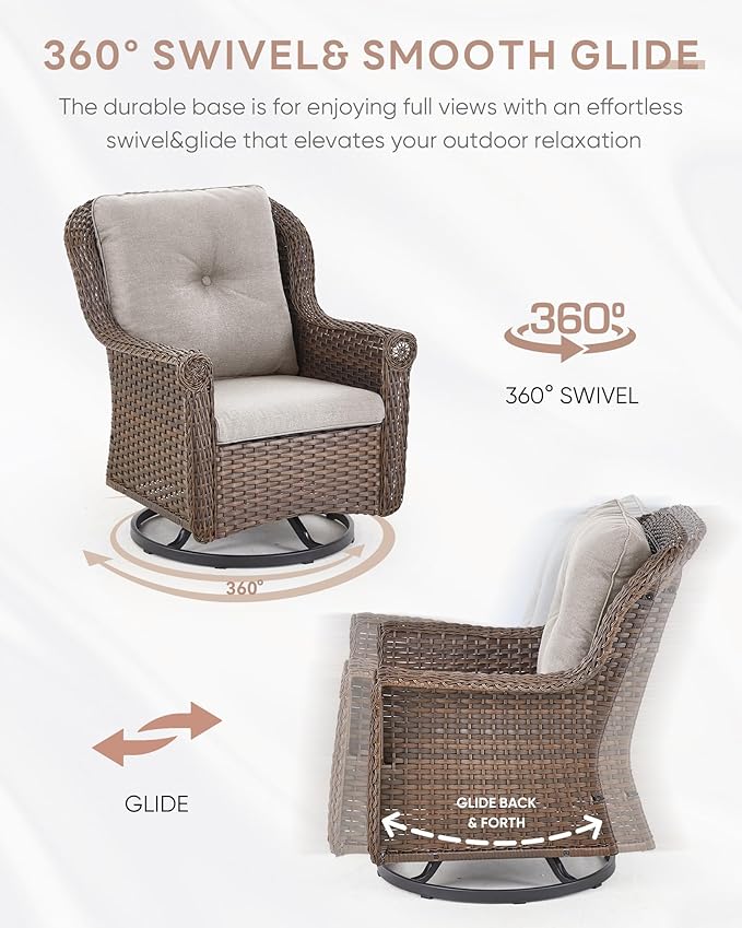 3 Piece Patio Swivel Chairs and Side Table Set - High Back Outdoor Brown Wicker Rattan Rocking Glider with Thick Cushions for Porch Apartment Deck Yard Poolside Garden - Beige