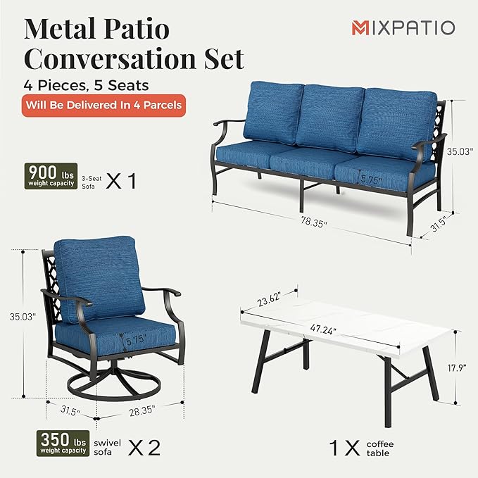 Patio Furniture Set 4 pcs, Metal Outdoor Patio Furniture, 3-Seat Sofa, 2 Swivel Chairs, Coffee Table and 5.75" Extra Thick Cushion, Conversation Set for Backyard Deck, Gemstone Blue
