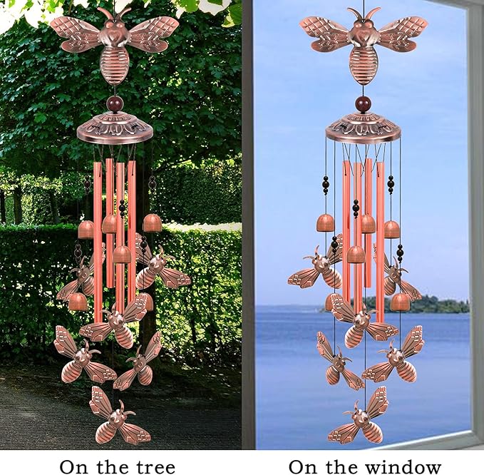 Bee Wind Chimes for Garden, Gifts for Mom, Home, Balconies, Rooms, Patio, Indoor, Outdoor Bee Decoration, Aluminum Bee Chimes, Bees Wind Catcher, Red Copper Bees Wind Bells, Bees Wind Chimes Decor