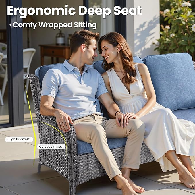 ovios 7 Pieces Patio Furniture Set, Outdoor Wicker Sofa Couch with Swivel Chairs 42" Fire Pit Table, All Weather High Back Modern Conversation Sets, Grey Rattan, Denim Blue