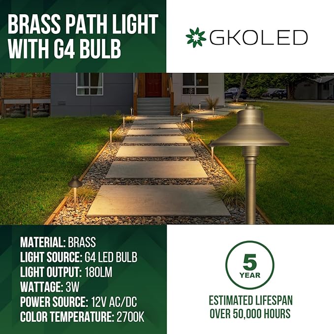 GKOLED Solid Brass Landscape Path Lights (5" Shade, 20" Tall), Low Voltage LED 3W 12-24V China Hat Path Lighting, Outdoor Waterproof Walkway Light, 2700K Warm White, with Stake and G4 Bulb, 2 Pack