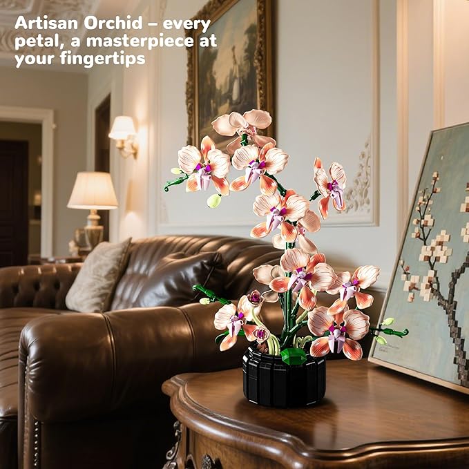 Orchid Building Sets Artificial Flowers Plant Gifts for Her Adults Girls Botanical Collection for Home Kitchen Desk Decor