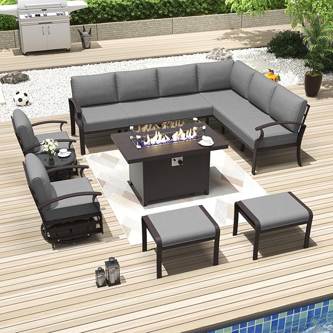 Kurapika Patio Furniture Set 10-Piece Aluminum Sectional Sofa with Armrest, Modern Outdoor Conversation Set w/55000 BTU Propane Fire Pit Table, Metal Corner Sofa with Ottoman, Grey