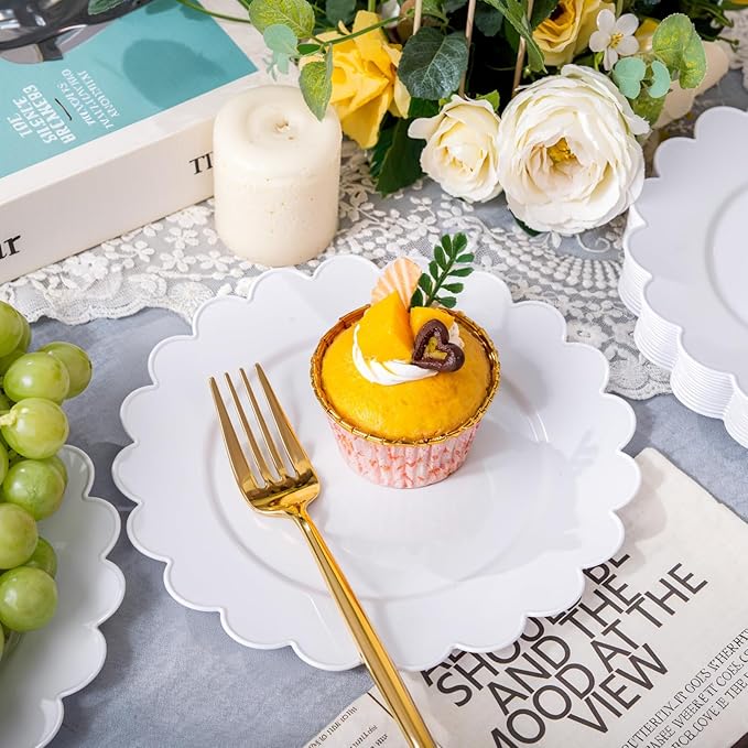 SUT 72Pcs 7.5" White Plastic Plates, Heavy Duty Disposable Plates for Weddings, Parties, Events, Fancy Dessert & Appetizer Plates | Shatterproof Bulk Party Supplies (72 Count)