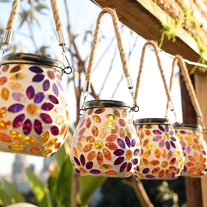 Cooo 2 Pack Mosaic Solar Lantern Outdoor Waterproof IP68 Hanging Projection Light Hidden Lid Pear-Shaped Lantern with Rope Handle Solar Powered Auto On for Patio Garden Fence Table -Petal Mirage