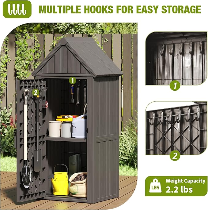 Outdoor Storage Shed – Durable Resin with Sloping Roof and Lockable Door, Waterproof Storage Cabinet with Ample Space, Multiple Hooks for Backyard, Garden, Patio & Lawn Grey