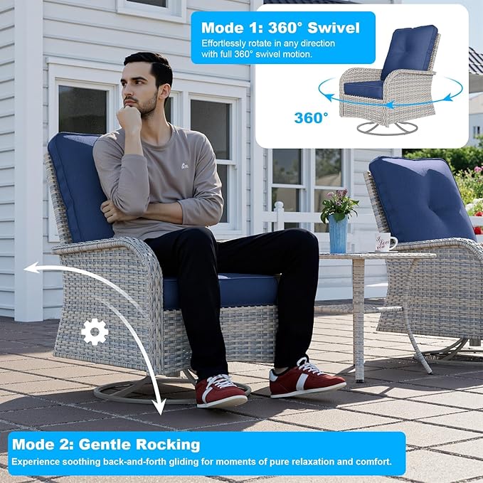 18-Piece Patio Furniture Set, Outdoor Patio Furniture with 55,000 BTU Fire Pit Table, Swivel Chairs Set, Thick Cushions, Modular Patio Sofa, Dual-Strand Wicker Rattan, Rust-Resistant Frame,Navy Blue