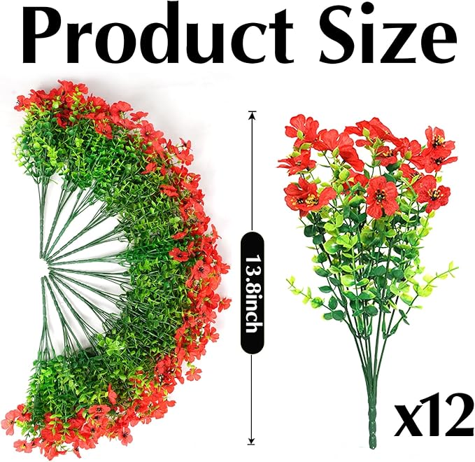 Artificial Flowers for Outdoors, 12 Bundles Outdoor Faux Plants,Uv Resistant Artificial Fake Flowers Plants, Realistic Spring Decor for Porch, Patio, Yard (Red)