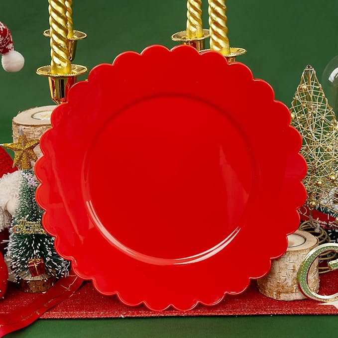 SUT 72Pcs Red Plastic Plates,10.25inch Red Dinner Plates, Disposable Dinner Plates, Red Heavy Duty Plastic Plates, Disposable Plates, Red Scallop Plastic Plates for Party