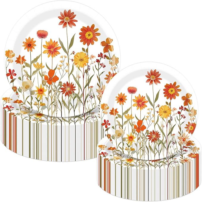Mumufy 100 Pack Fall Floral Paper Plates 9" & 7" Disposable Autumn Orange Wildflower Cake Dessert Plates Watercolor for Dinner Harvest Wedding Baby Shower Birthday Fall Tea Party Decoration Supplies