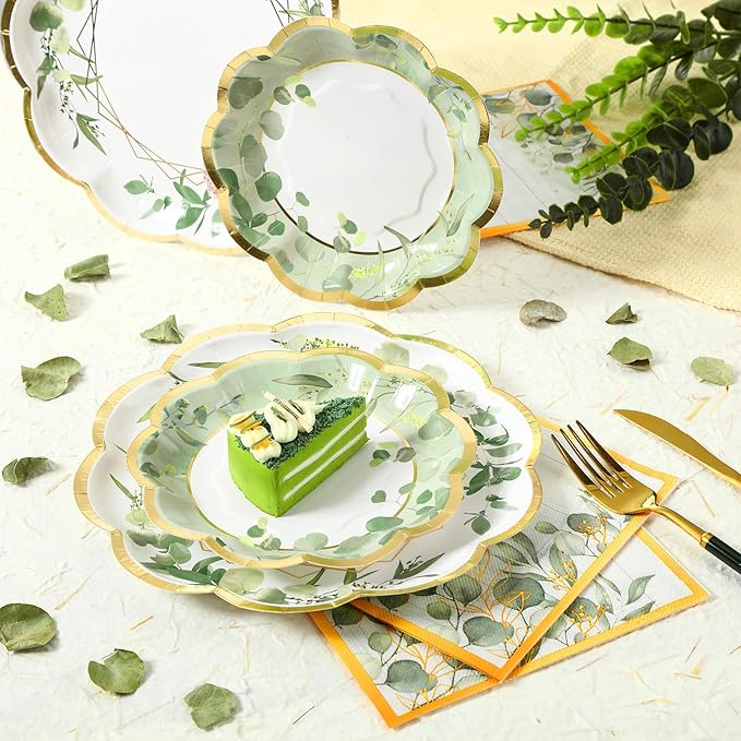 Tanlade 96 Pcs Sage Green Eucalyptus Theme Party Supplies Plates and Napkins Serve 24, Disposable Eucalyptus Paper Scalloped Dinner Plates 2 Ply Paper Napkins for Wedding Bridal Shower