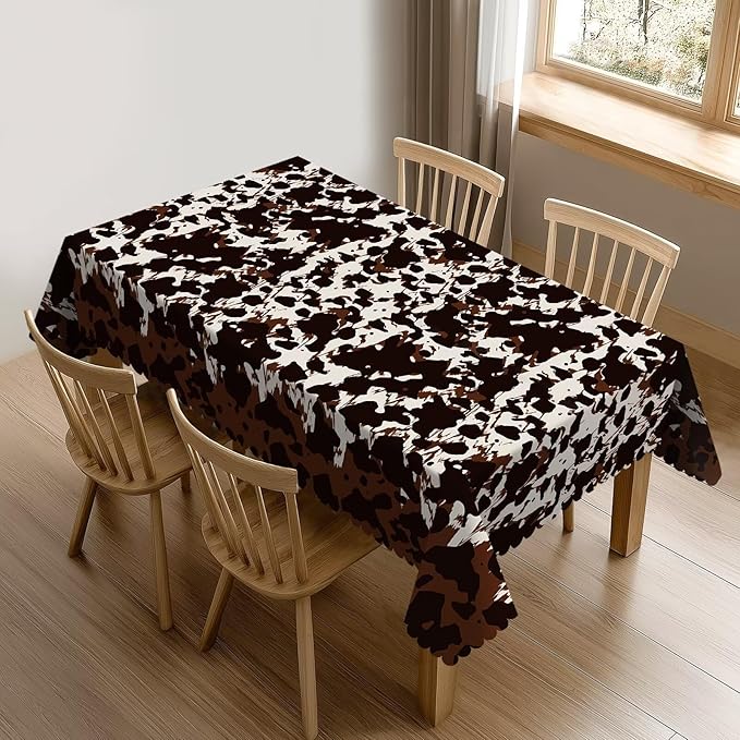 Cow Fur Table Cloth for Rectangle Dining Tables, Reusable Beige Brown Cowhide Tablecloths Decoration Western Farm Animal Fur Cow Skin Brown Table Cover for Kitchen,Holiday,Party, 54x72 Inch