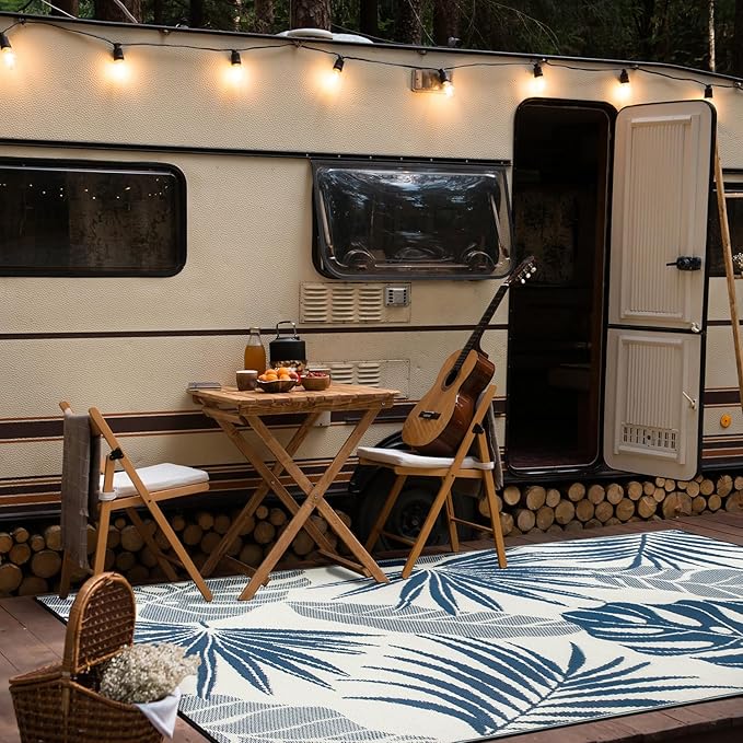 Rugshop Tropical Floral Leaf Reversible Crease-Free Waterproof Premium Recycled Plastic Outdoor Rugs for Patio,Backyard,RV,Deck,Picnic,Trailer,Beach,Camping,Sunroom Navy/Blue 5' x 7'