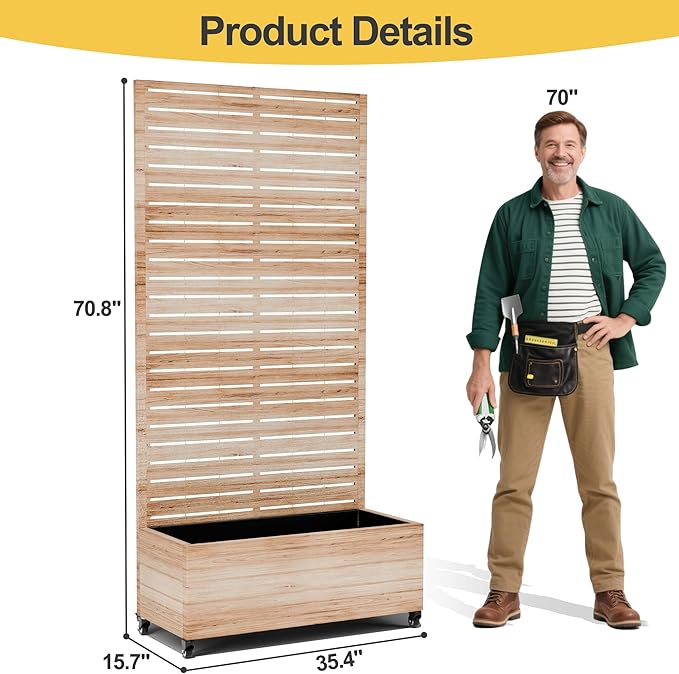 Raised Garden Bed with Trellis and Wheels,73"x35"x16" Metal Raised Garden Bed,Acacia Finish Metal Planter with Climbing Trellis for Vines & Vegetables